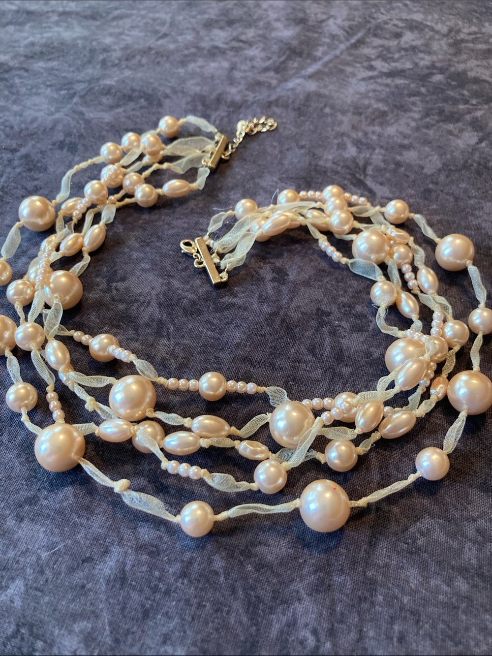 Ivory Multi-Strand Bead & Chiffon Ribbon Necklace